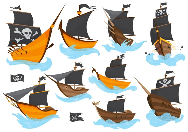 Conjunto de vários tipos estilizados desenhos animados pirata navios ilustração com velas pretas. Galeões com imagem Jolly Roger. Desenho vetorial bonito. Coleção de navios piratas navegando na água —  Vetores de Stock