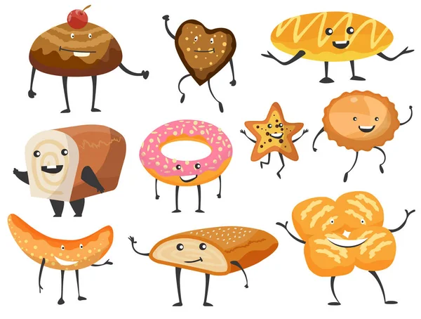 Broodbakkerij assortiment. Diverse grappige brood karakters platte pictogram set. Cartoon grappige emoticon gezicht van voedsel — Stockvector