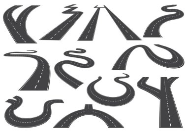 Yolları bükmek, yüksek yollar ya da yollar. Beyaz işaretli dolambaçlı yol tasarım elementleri koleksiyonu. Asfalt yol kıvrımları, virajlar, bankalar ve perspektifler. Virajlı ve düz şehir yolları.