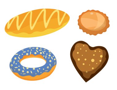 Ekmek fırını çeşitleri. Pasta menüsü ve yemek tarifi kitabı için hamur işi ürünleri. Çizgi film karakterleri baget, kruvasan, kurabiye, çörek.