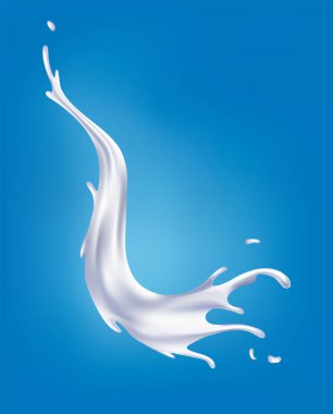 Gerçekçi süt sıçraması. Beyaz sıvı ya da süt ürünleri dökülüyor. Örnek reklam gerçekçi doğal süt ürünleri, yoğurt ya da krema, mavi arka planda izole edilmiş.