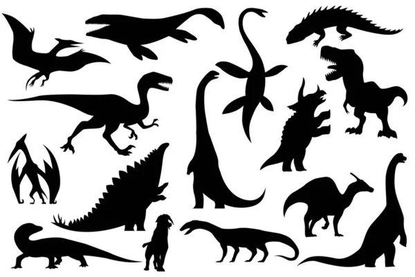 Colección de siluetas de dinosaurios esqueletos. Vector dibujado a mano esqueletos de dino. Exhibición de fósiles en el museo. Conjunto de bocetos — Vector de stock
