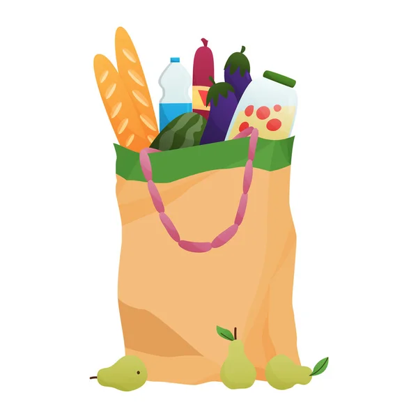 Бумажные сумки продукты питания. Различные продукты питания и напитки, продуктовые магазины. В супермаркете. Свежие органические продукты и напитки. Концепция доставки продуктов — стоковый вектор