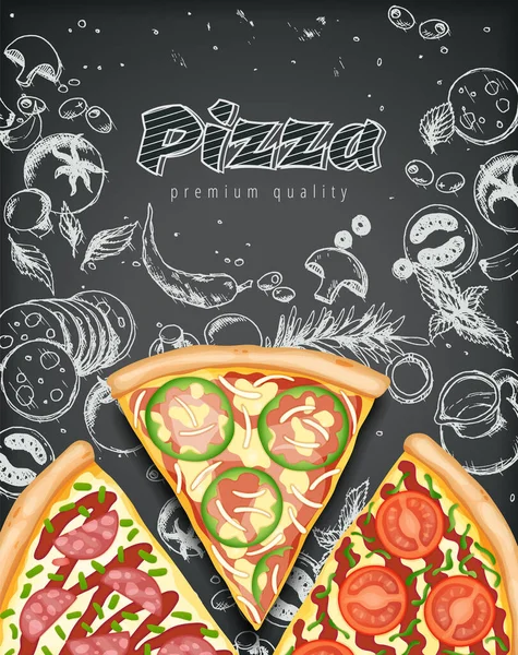 Affiche de pizza couleur. Savoureux annonces de pizza avec illustration 3D riche garnitures pâte sur fond gravé craie doodle style. Bannière vectorielle pour café, restaurant ou service de livraison de nourriture. Vue du dessus — Image vectorielle