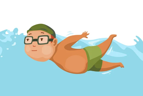 Děti plavou v bazénu. Veselý a aktivní chlapec plavající v bazénu. Chlapec v plavkách se koupe v dětském bazénu. Podvodní pohled — Stockový vektor