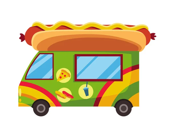 Уличный фастфуд. Мобильный вагон с едой. Уличный магазин хот-догов. Повозка с хот-догами, продовольственный рынок — стоковый вектор