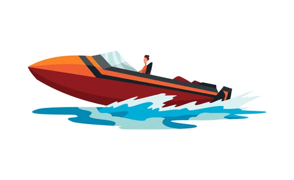 Man op speed motorboot. Zeevaartuig of rivier. Sport nautische zomer vervoer. Gemotoriseerd waterschip op zeewatergolven. Geïsoleerd op witte achtergrond — Stockvector