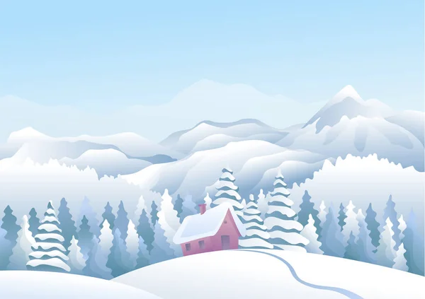 Blue mountains winter snowy landscape with snow houses and pine forest on foreground. Mountain peaks and traveling background Vector Graphics