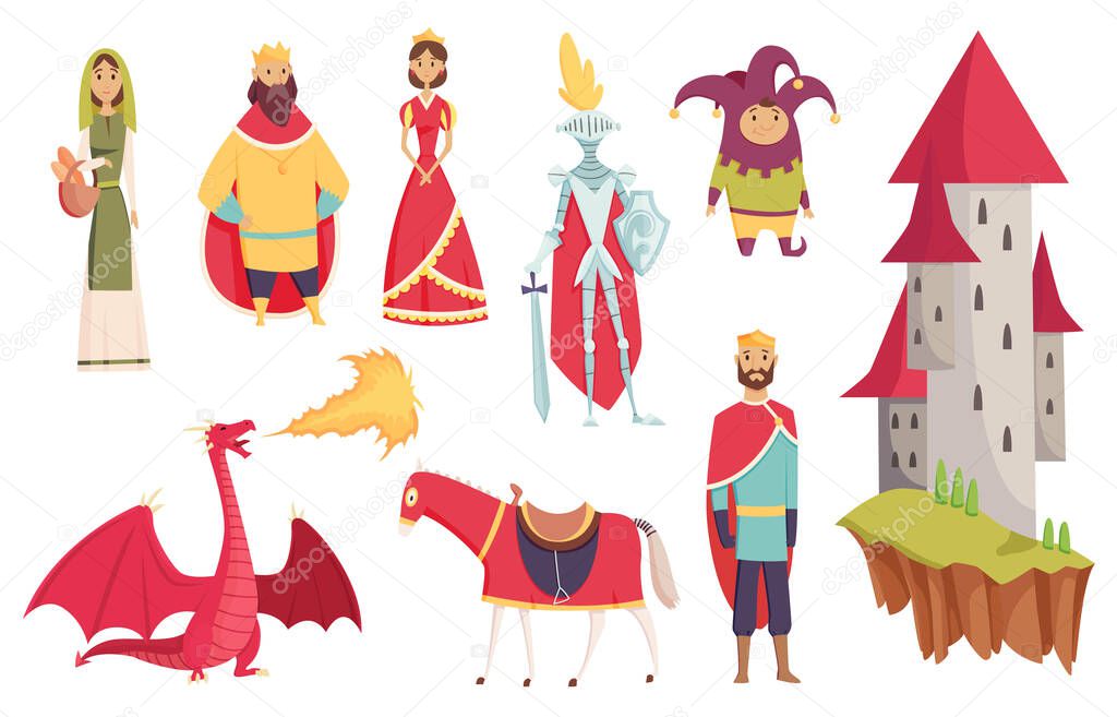 Medieval kingdom characters of middle ages historic period vector Illustrations. Peoples set. Kings queens knight jester castle fortress and dragon