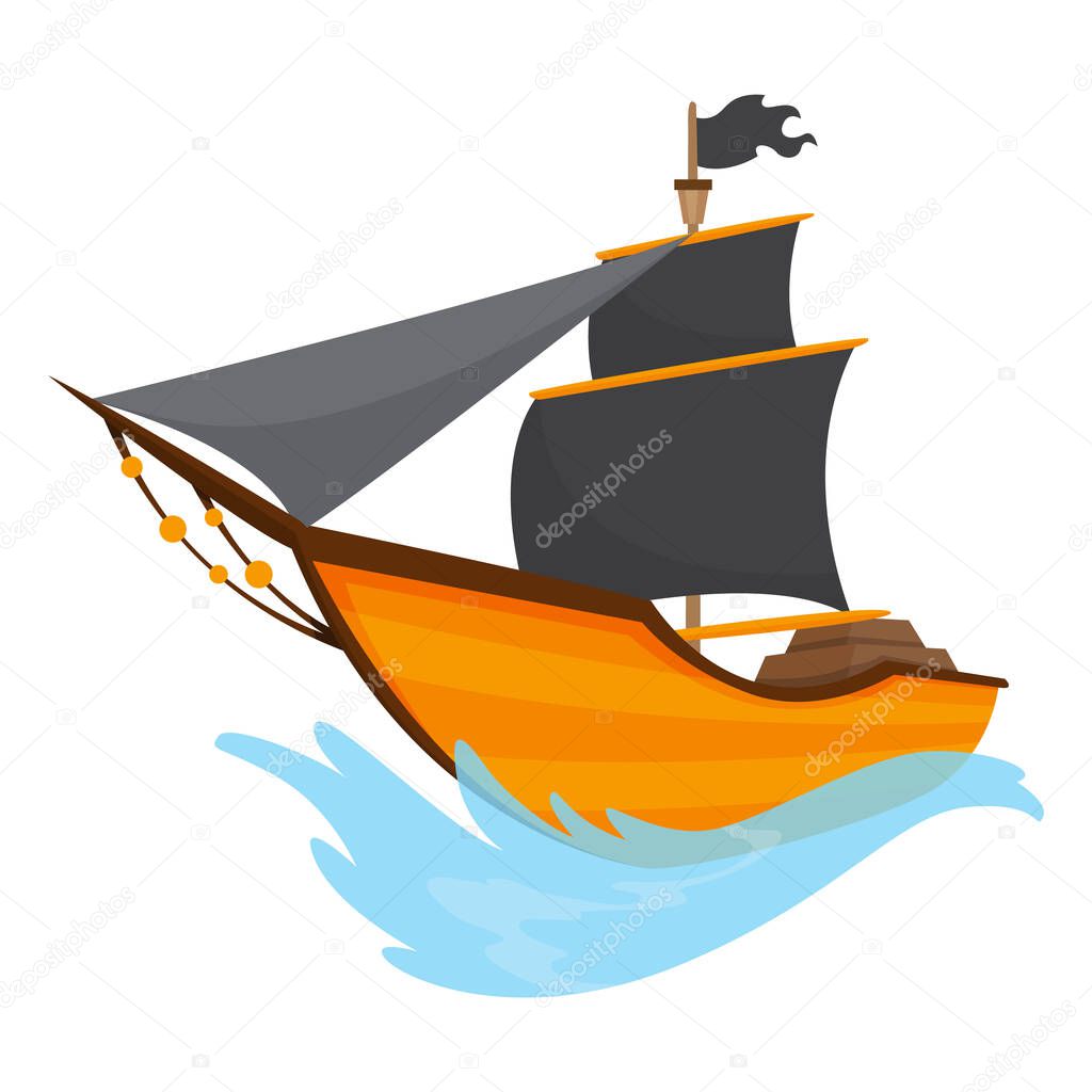 Stylized cartoon pirate ship illustration with black sails. Cute vector drawing. Pirate Ship sailing on water