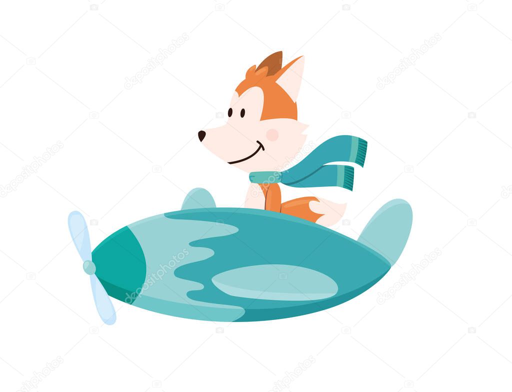 Cute fox flying an airplane with scarf fluttering. Funny pilot flying on planes. Cartoon vector illustration isolated on a white background