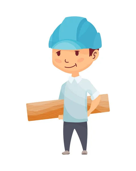 Kinderbauer. Kleiner Arbeiter mit Helm. Kinder mit Bauholzbrettern, die Arbeit machen. Arbeiter mit blauem Helm. Lustige Kinder-Teamarbeit oder Kinderingenieur bauen Haus — Stockvektor