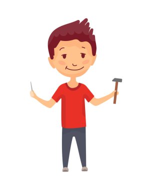Çocuk müteahhit. Küçük işçi. Çekiç ve çiviyle iş yapan çocuklar. Komik çocuk tamir için hazır.