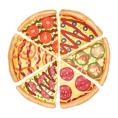 Renkli pizza üst görünümü. 3D resimli, bol soslu, tuzlu pizza reklamları. Kafe, restoran veya yemek dağıtım servisi için renkli ve lezzetli vektör pankartı