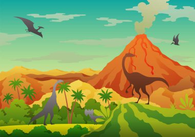 Tarih öncesi manzara. Duman, dağlar, dinozorlar ve yeşil bitki örtüsüyle yanardağ. Tarih öncesi güzel manzara ve dinozorların vektör çizimi
