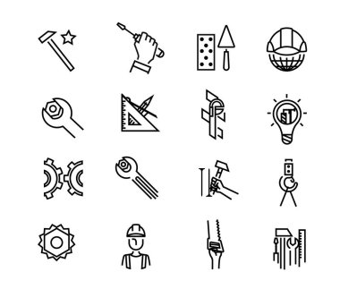 Siyah bina simgeleri basit bir stilde. İnşaat aletleri. Sanayi ve bina, inşaat ikonları tasarımı. Uygulama tasarımı için sembol