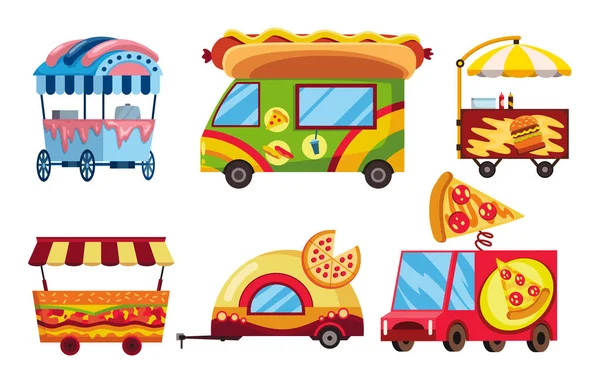 Street fast food. Set of mobile food cars. Pizza, hamburger and hot dog fast food street shops. Street carts, food markets — Stock Vector