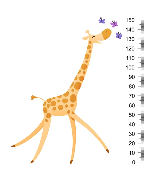 Lustige Giraffe. Fröhlich lustige Giraffe mit langem Hals. Giraffe Meter Wand oder Höhendiagramm oder Wandaufkleber. Illustration mit einer Skala von 2 bis 150 cm zur Messung des Wachstums — Stockvektor