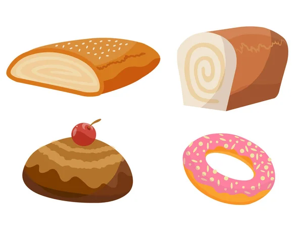 Sortimento de padaria de pão. Conjunto de produtos de pastelaria para o menu de padaria, livro de receitas. Desenhos animados personagens bonitos de baguete, croissant, biscoitos, pães — Vetor de Stock