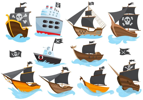 Set of various types stylized cartoon pirate ships illustration with black sails. Galleons with image Jolly Roger. Cute vector drawing. Collection of pirate ships sailing on water — Stock Vector