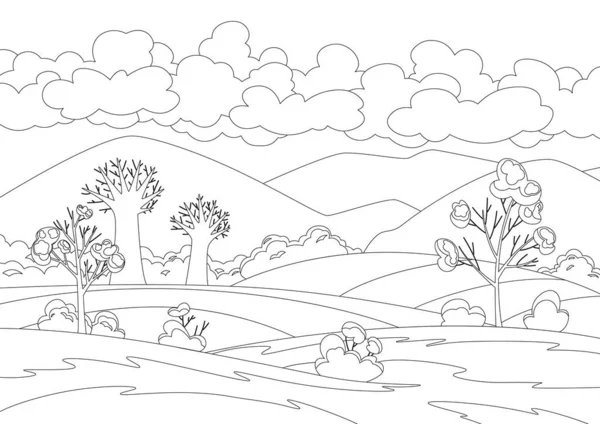 Vector herfst landschap veld met bomen en gevallen gebladerte. Platteland panorama uitzicht bergen en wolken op de hemel. Vallen seizoen banner achtergrond. Vlakke lineaire kleurstijl — Stockvector