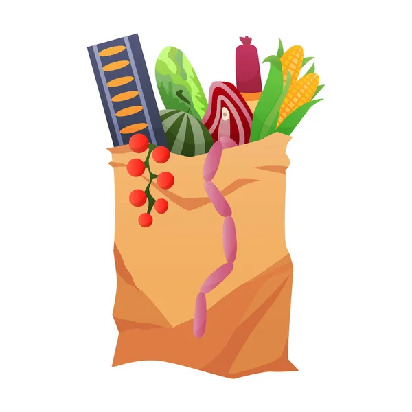 紙ショッピングバッグ製品食料品。食料品や飲料品、食料品の買い物。食料品スーパーマーケット。新鮮な有機食品や飲み物。食料品の配送コンセプト — ストックベクタ