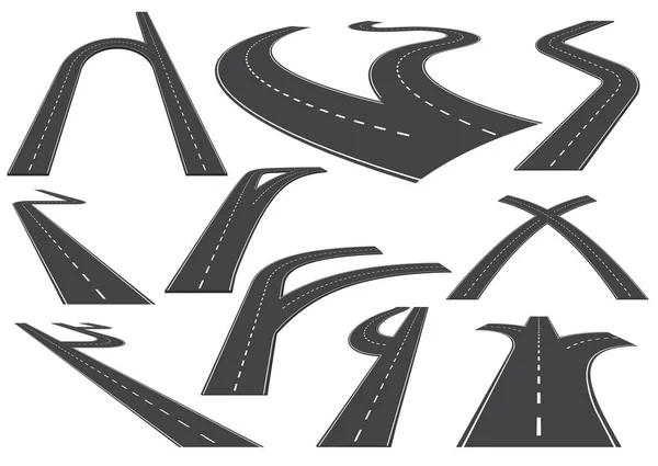 Doblando caminos, carreteras o caminos. Colección de elementos sinuosos de diseño de carreteras con marcas blancas. Curvas de asfalto, giros, bancos y perspectivas. Conjunto de curvas y rectas carreteras de la ciudad — Vector de stock