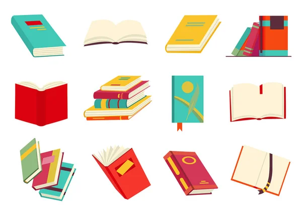 Collecction of various books, stack of books, notebooks. Reading, learn and receive education through books. Read more books. Hand drawn educational vector illustration. Flat design style — Stock Vector