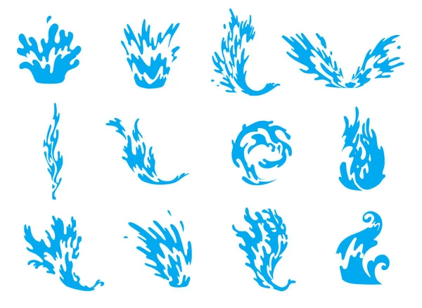 Wasser plätschert. Blaue Wasserwellen setzen sich in Bewegung, wellenförmige flüssige Symbole der Natur. Isolierte Vektor-Designelemente — Stockvektor