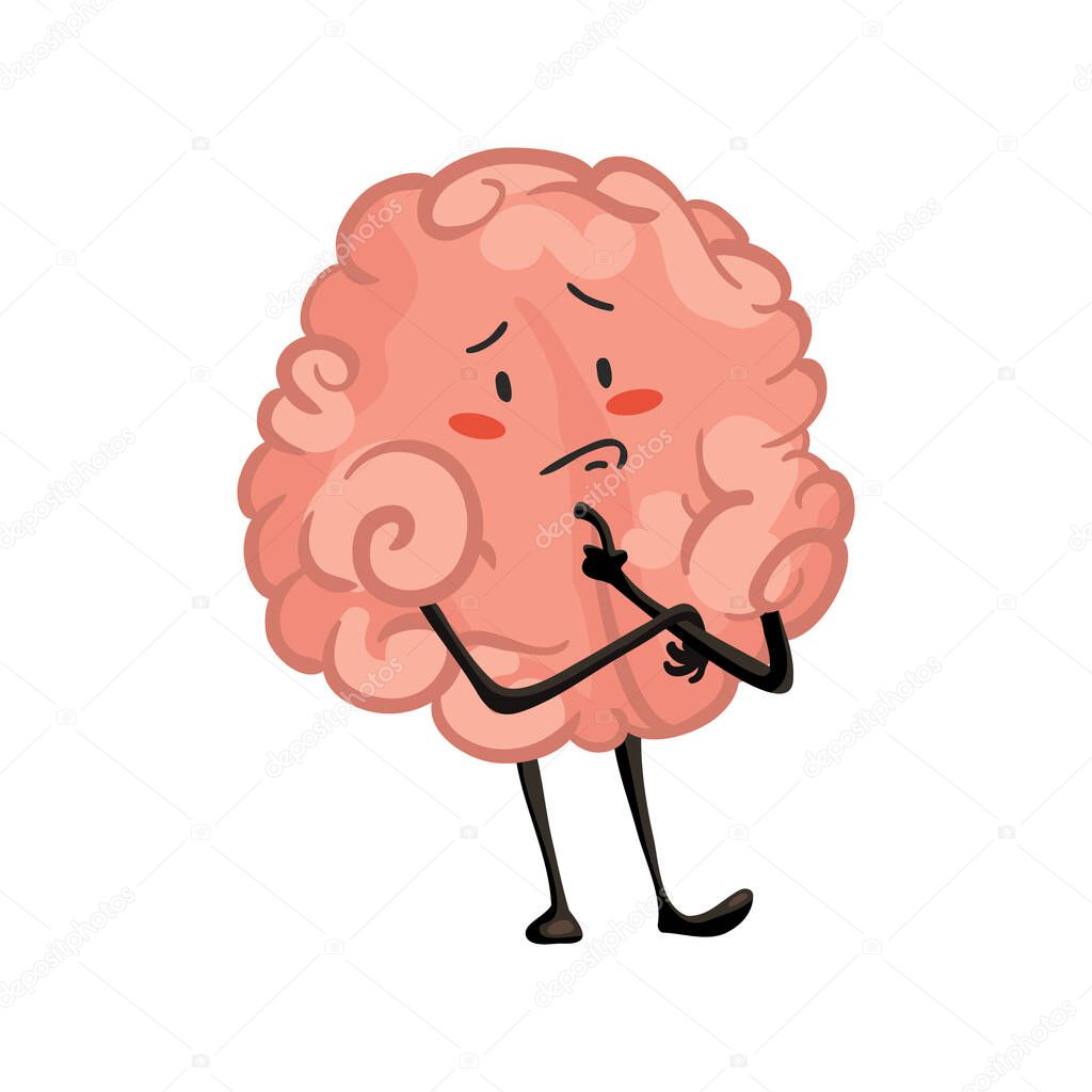 Brain character emotion. Brain character stands pensive. Funny cartoon emoticon. Vector illustration isolated on white background