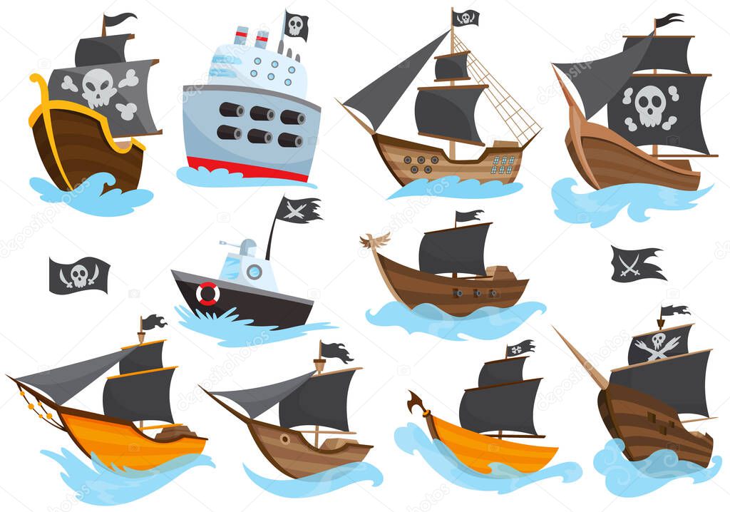 Set of various types stylized cartoon pirate ships illustration with black sails. Galleons with image Jolly Roger. Cute vector drawing. Collection of pirate ships sailing on water
