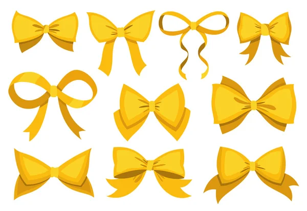 Conjunto de lazo dorado. Dibujos animados vector amarillo elementos de diseño de lujo de paquete de envoltura. Arcos de raso con cintas aisladas sobre fondo blanco — Vector de stock