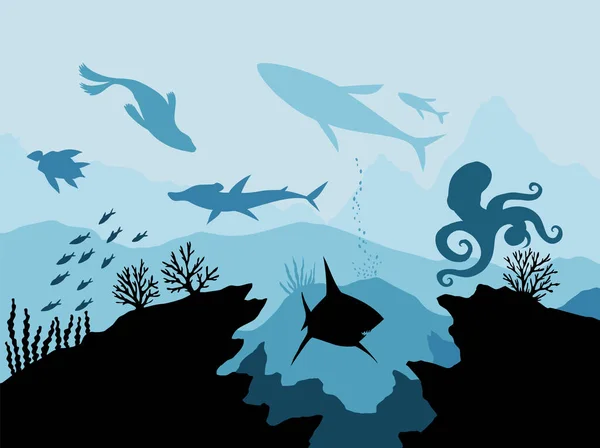 水中野生動物。青い海の背景に魚とサンゴのサンゴ礁。熱帯ベクトル図。自然景観。海中生活 — ストックベクタ