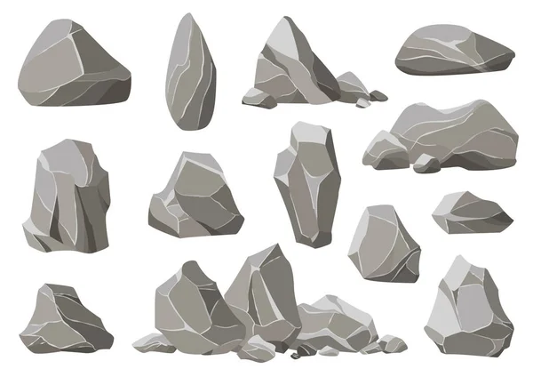 Piedras y escombros de la montaña. Grava, montón de piedra gris de dibujos animados iconos vectoriales aislados conjunto de ilustración — Archivo Imágenes Vectoriales