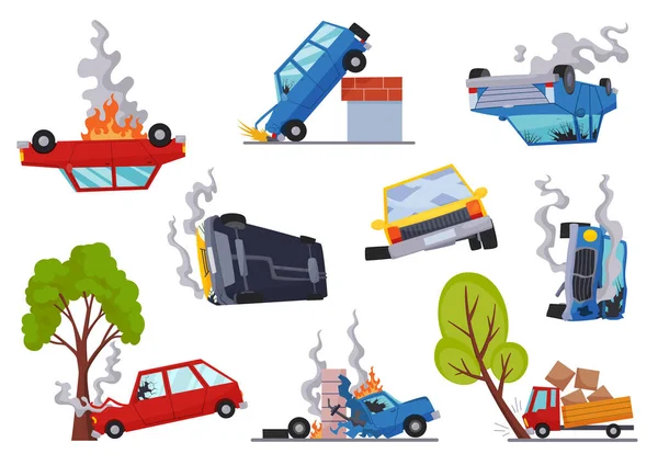 Accidents on road cars damaged. Road accident icons set with car crash symbols flat isolated. Damaged vehicle insurance. Damaged autos. Need repair service or not recoverable — Stock Vector