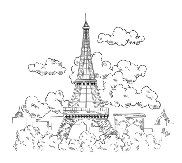 Tour Eiffel dessinée au stylo. Belle bannière avec paysage urbain parisien. Esquisse dessinée à la main avec vue sur le célèbre monument d'architecture — Image vectorielle