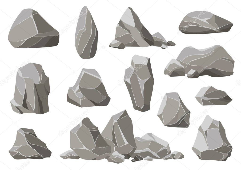 Rock stones and debris of the mountain. Gravel, gray stone heap of cartoon isolated vector icons illustration set