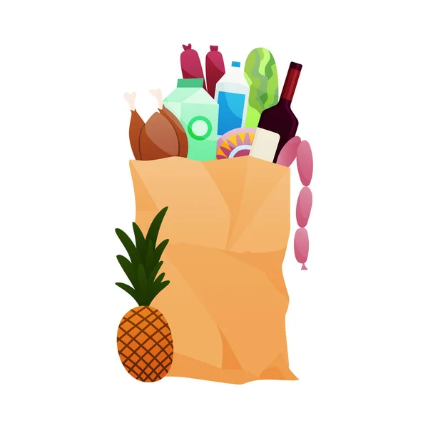 Paper shopping bag products grocery. Vegetables, dairy products, vine, meat. Grocery supermarket. Fresh healthy produce. Grocery delivery concept — Stock Vector