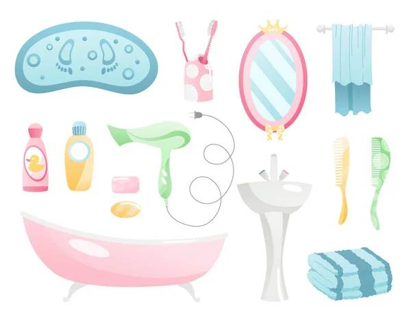 Colección de elementos de dibujos animados baño. Higiene personal y accesorios de baño para el cuidado corporal diario. Toalla, bañera, espejo, cepillo de dientes y botellas objetos vectoriales aislados — Archivo Imágenes Vectoriales