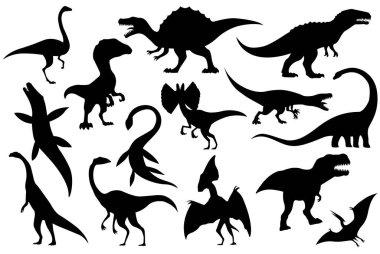 Dinozorların iskeletlerinin siluetlerini topluyorum. Vektör el çizilmiş dinazor iskeletleri. Müzede fosiller sergileniyor. Çizim seti