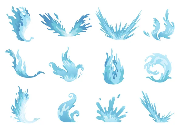 Wasser plätschert. Blaue Wasserwellen setzen sich in Bewegung, wellenförmige flüssige Symbole der Natur. Isolierte Vektor-Designelemente — Stockvektor