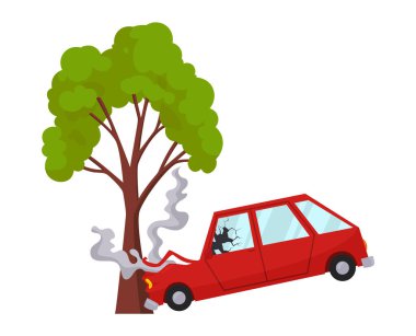 Araba kazasında hasar görmüş. Yol kazası ikonu. Bir ağaçla karşılaştığında araba kazası. Hasarlı araç sigortası. Arızalı otomobil. Kurtarılamaz. Sigorta şirketinin reklamını yapmak için birebir.