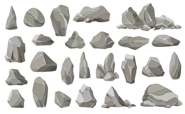 Pietre di roccia e detriti della montagna. Ghiaia, pietra grigia. Raccolta di pietre di varie forme — Vettoriale Stock