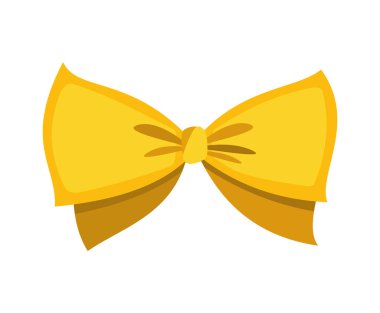 Altın yay. Karikatür vektörü sarı lüks paket tasarım elemanı. Dekor ögesi şablonu. Beyaz arkaplanda izole edilmiş kurdeleli kutlama yayı