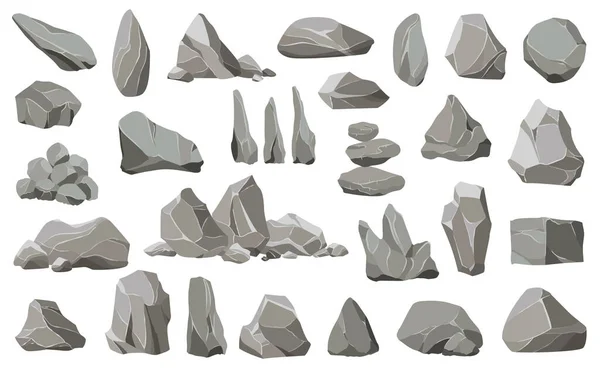 Pedras rochosas e detritos da montanha. Cascalho, pedra cinzenta, pedras de parede naturais. Coleção de pedras de várias formas —  Vetores de Stock