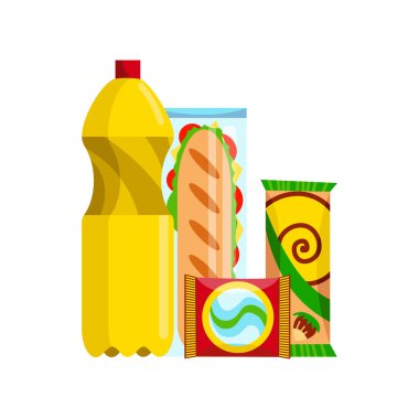 Abur cubur seti. Fast food atıştırmalıkları içecekler ve beyaz arka planda izole edilmiş sandviç. Düz stil olarak klasik fast food besin. Restoran menüsünün vektör illüstrasyonu