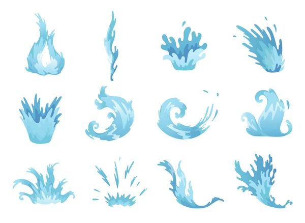 Salpicos de água. Ondas de água azul definidas, símbolos líquidos ondulados da natureza em movimento. Elementos de projeto do vetor isolado — Vetor de Stock