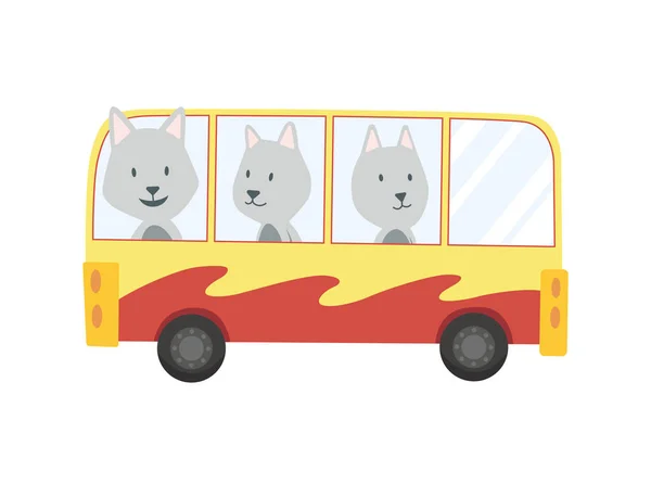 Farbige Kinder transportieren mit niedlichen kleinen Wolf. Tierisch fahrendes Auto. Cartoon Tier Fahrer, Haustiere Fahrzeug und glücklich in lustigen Auto. Transport Tier Charakter Reise im Auto — Stockvektor