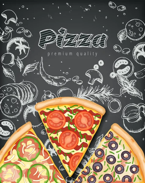 Affiche de pizza couleur. Savoureux annonces de pizza avec illustration 3D riche garnitures pâte sur fond gravé craie doodle style. Bannière vectorielle pour café, restaurant ou service de livraison de nourriture. Vue du dessus — Image vectorielle