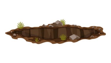 Hole ground. Works digging of sand coal waste rock or gravel. Brown, dry mine element of landscape. Cartoon illustration.